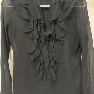 Tory Burch Sheer Black Silk Chiffon Ruffle Front Sheer Blouse